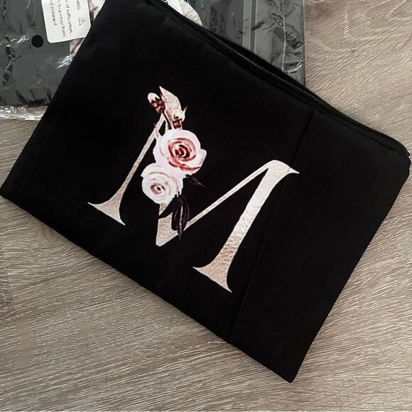 New Black Zipper Pouch with Floral Initial Detail - Multiple Available - Picture 9 of 15